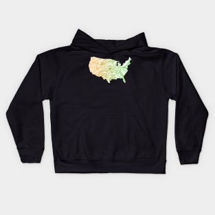 Colorful mandala art map of the United States of America in green and orange on white background Kids Hoodie